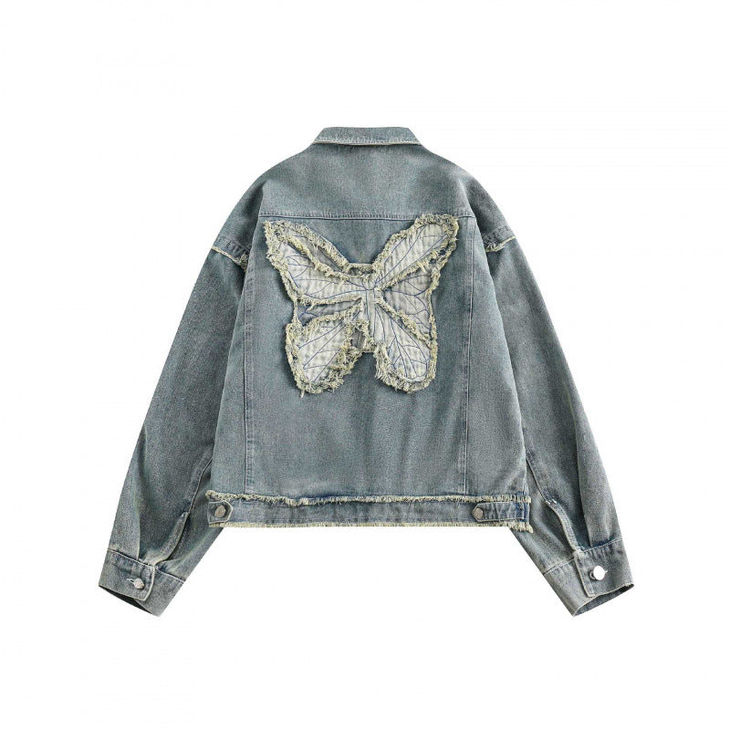 Unisex Boxy-Denimjacke mit ausgefransten Saumkanten, Pattentaschen und Vintage-Waschung Nord Taschen