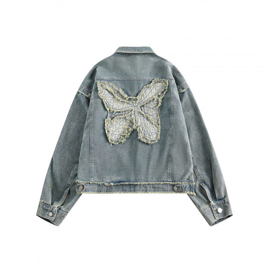 Unisex Boxy-Denimjacke mit ausgefransten Saumkanten, Pattentaschen und Vintage-Waschung Nord Taschen
