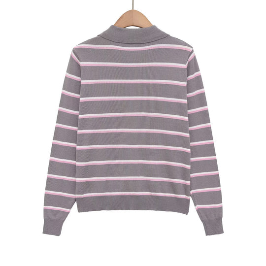 Damen Gestreifter Feinstrick-Polo-Pullover mit Knopfleiste und Rippbündchen Nord Taschen