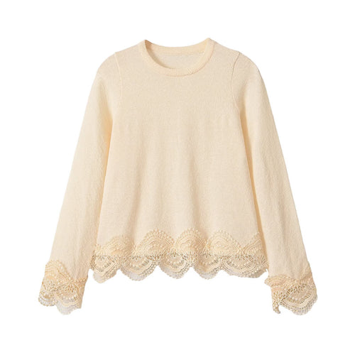 Damen Feinstrickpullover mit Spitzenbesatz und Bogenkante Nord Taschen