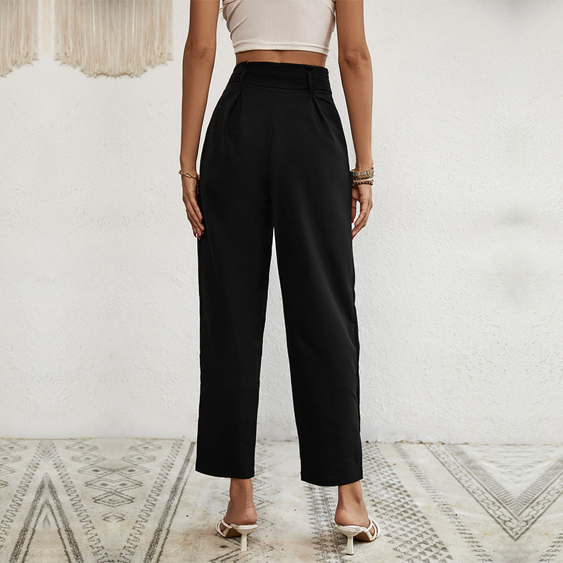 Damen Hochtaillierte Paperbag-Hose mit Bindegürtel, tapered Bein und Zierknopfleiste Nord Taschen