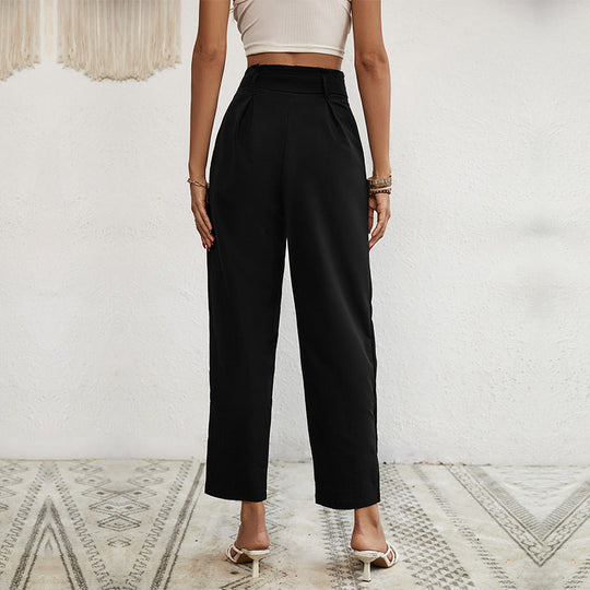 Damen Hochtaillierte Paperbag-Hose mit Bindegürtel, tapered Bein und Zierknopfleiste Nord Taschen