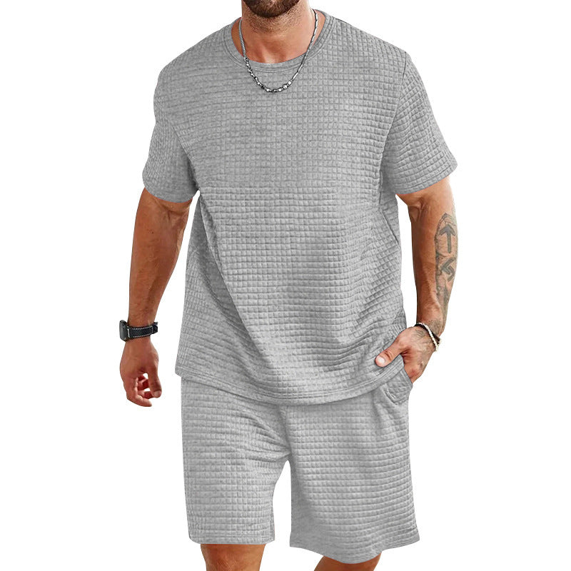 Herren nan leichter Freizeit-Zweiteiler in Waffelstruktur mit Rundhals-T-Shirt und komfortablen Shorts