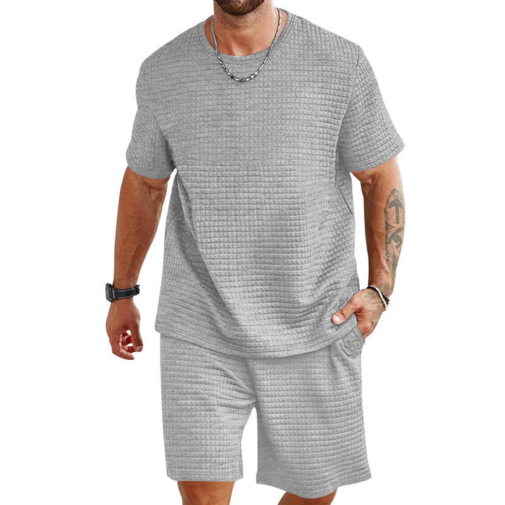 Herren nan leichter Freizeit-Zweiteiler in Waffelstruktur mit Rundhals-T-Shirt und komfortablen Shorts