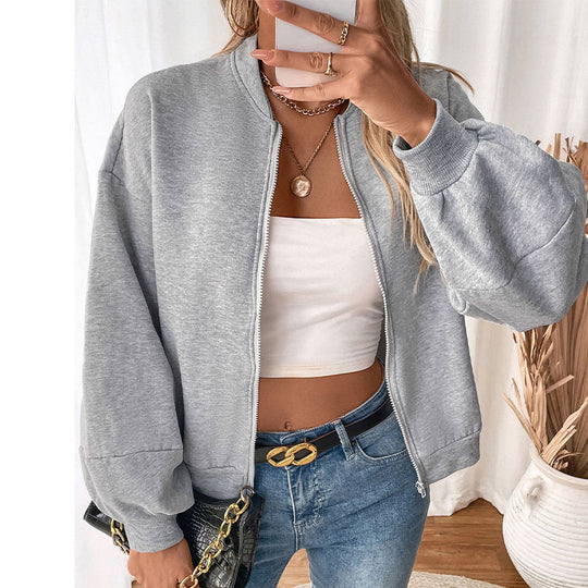 Damen Leichte Oversize-Zipjacke mit Ballonärmeln und Rippbündchen Nord Taschen