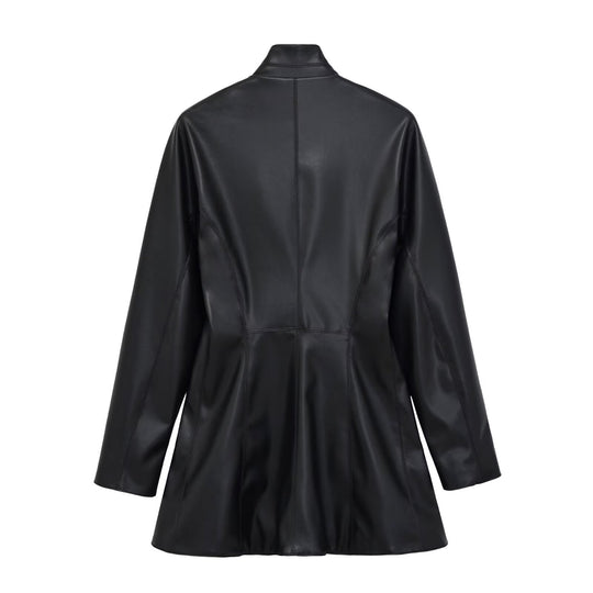 Damen Langer doppeltreihiger Blazer‑Mantel aus veganer Lederoptik mit Schalkragen Nord Taschen
