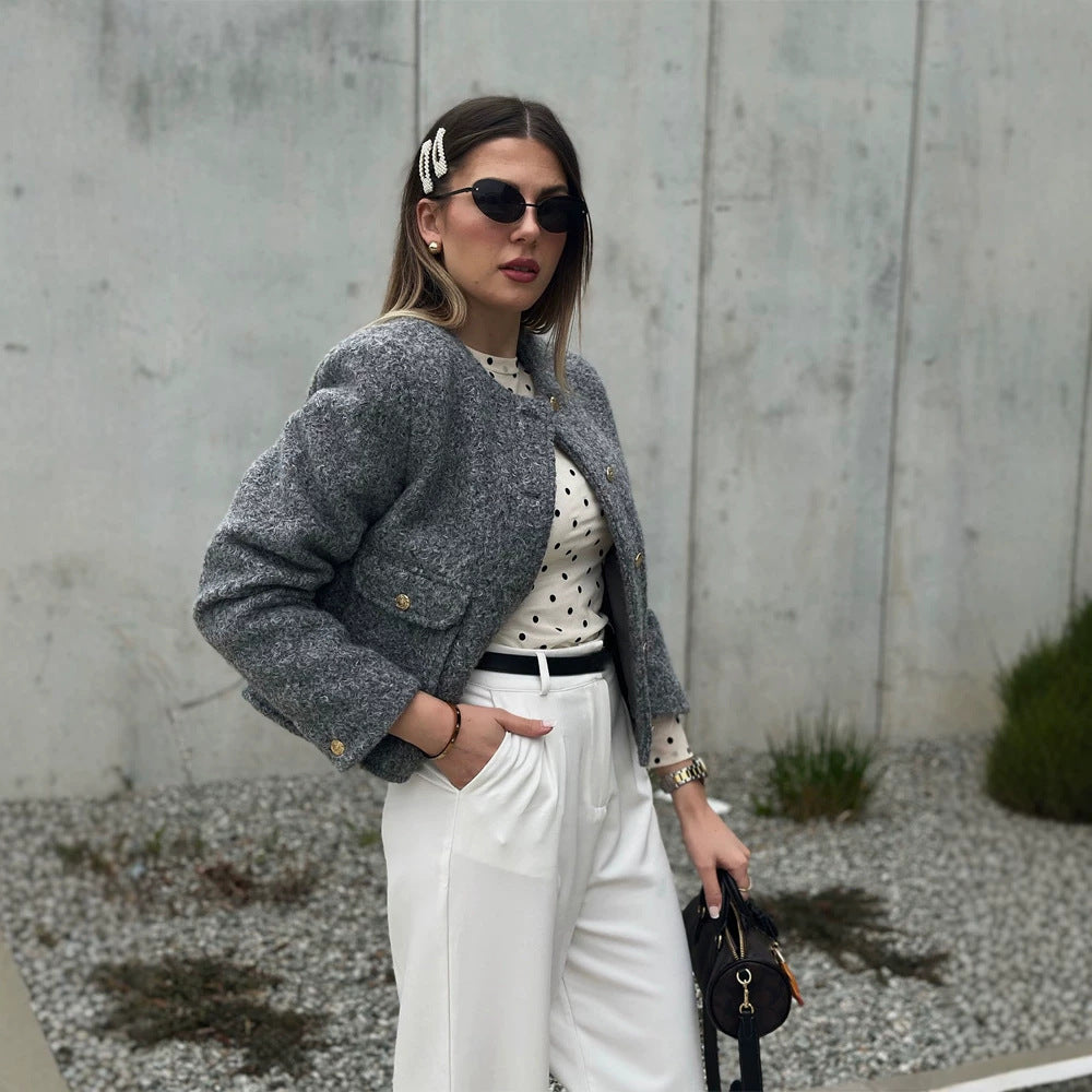 Damen Boxy Wollmix-Boucléjacke im Cabanstil mit Rundhalsausschnitt & goldfarbenen Zierknöpfen Nord Taschen