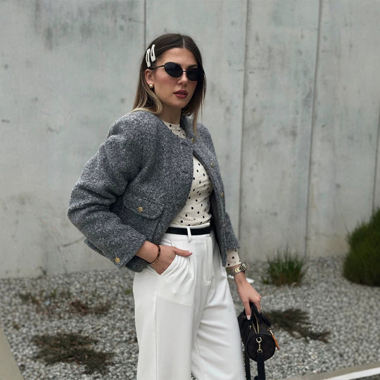 Damen Boxy Wollmix-Boucléjacke im Cabanstil mit Rundhalsausschnitt & goldfarbenen Zierknöpfen Nord Taschen