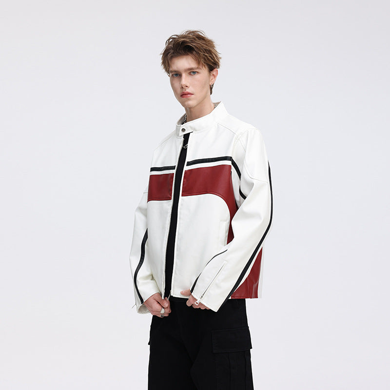 Herren Kontrast-Kunstleder-Bikerjacke mit Stehkragen und Zip-Ärmeln Nord Taschen