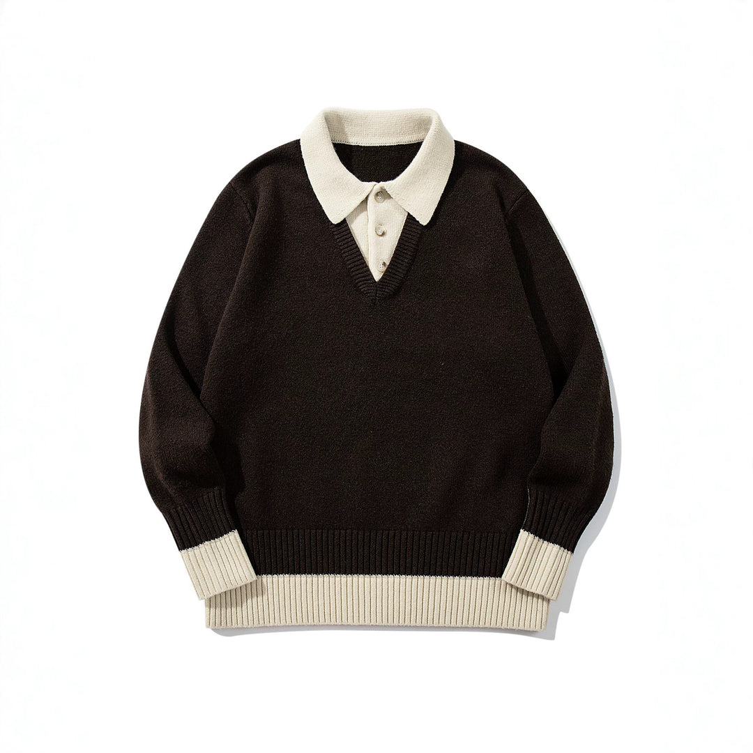 Herren Polokragen-Strickpullover mit Knopfleiste und kontrastierten Bündchen Nord Taschen