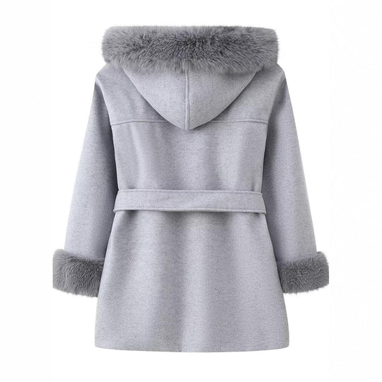 Damen Kapuzen-Wollmix-Mantel mit Bindegürtel und Faux-Fur-Besatz Nord Taschen