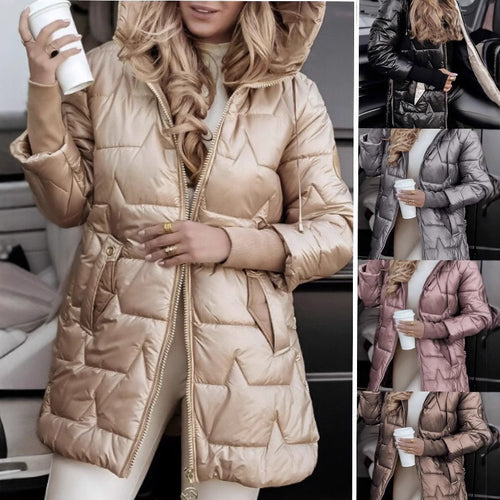 Damen Glänzende Steppjacke mit Kapuze, Kordelzug und leicht tailliertem Schnitt Nord Taschen