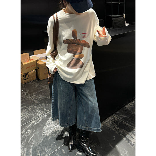 Damen Oversized Langarmshirt mit künstlerischem Steinskulptur-Print Nord Taschen