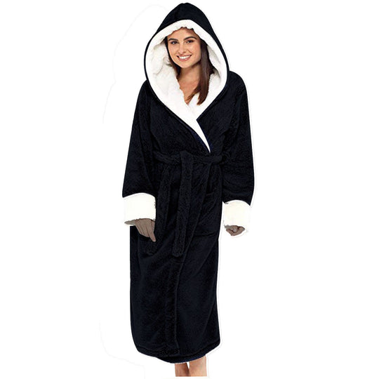 Damen Kuscheliger Fleece-Morgenmantel mit Kapuze und Gürtel Nord Taschen
