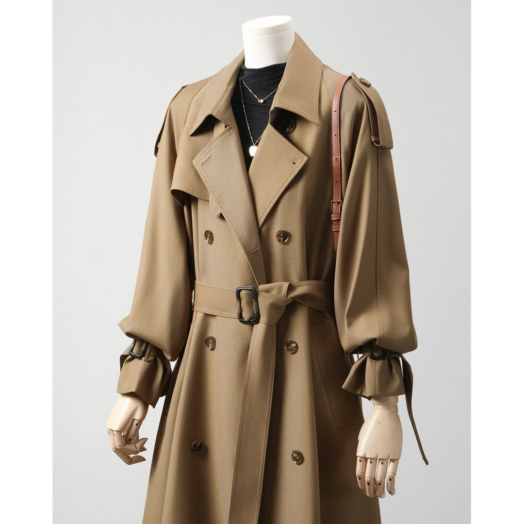Damen Trenchcoat mit Ballonärmeln, doppelreihiger Schnitt und Taillengürtel Nord Taschen