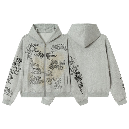 Damen Oversize-Kapuzenjacke mit Reißverschluss, hohem Kragen und grafischen Tattoo-Prints Nord Taschen