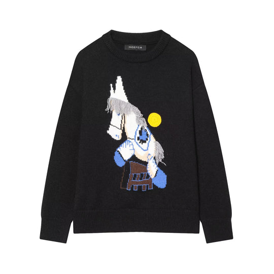 Damen Strickpullover mit Pferde-Motiv und Fransenapplikation, Oversize-Rundhals Nord Taschen