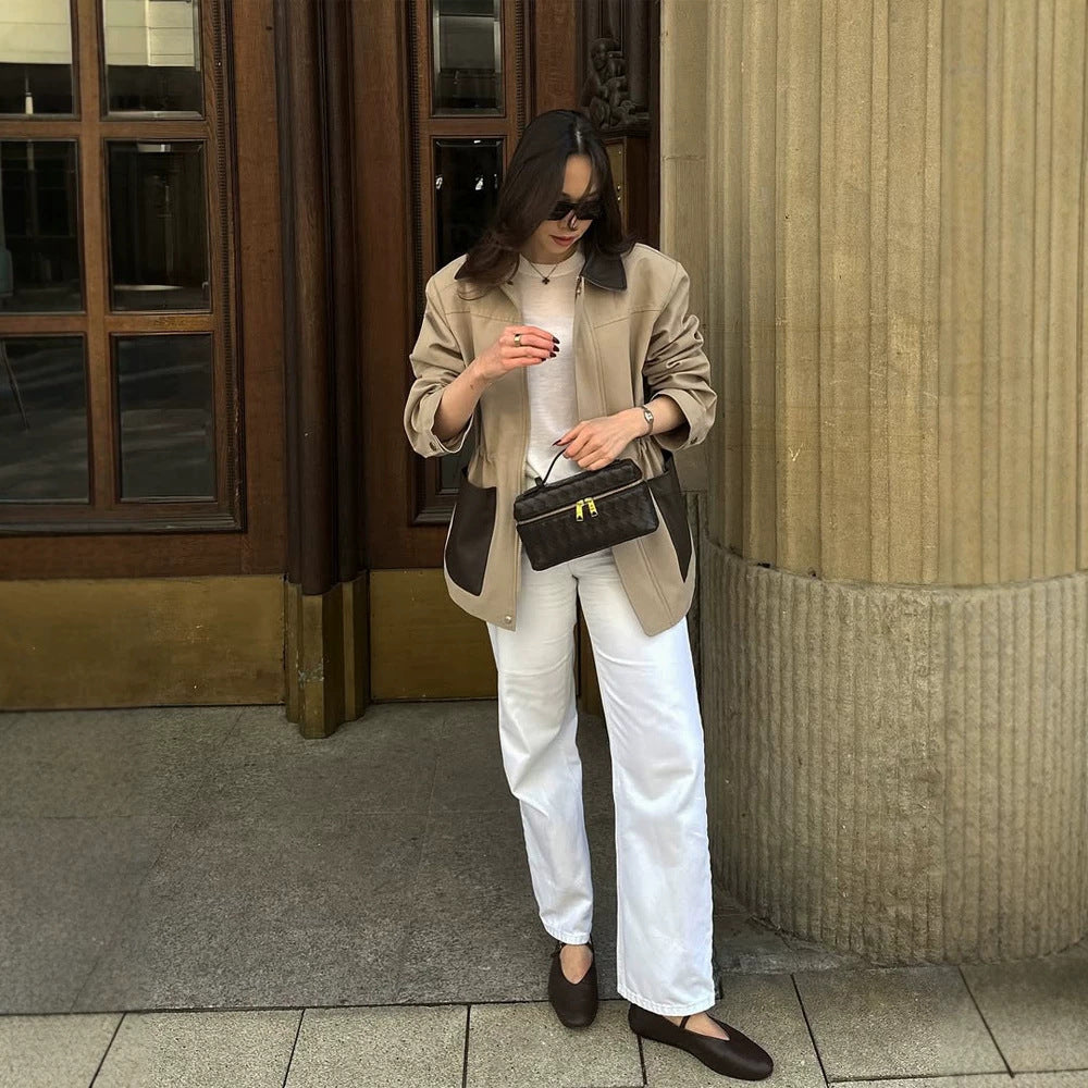 Damen Boxy-Fieldjacke mit kontrastkragen in Lederoptik und aufgesetzten Taschen Nord Taschen