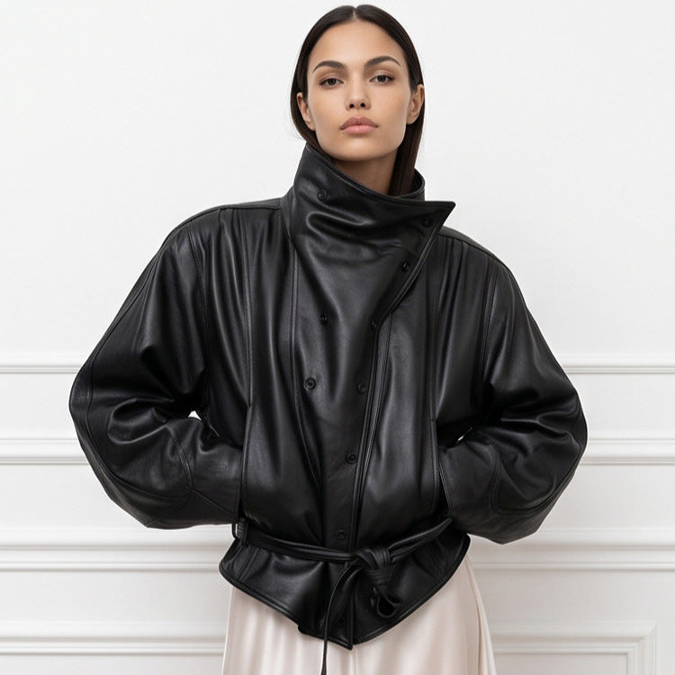 Damen Oversize-Kunstleder-Bomberjacke mit hohem Stehkragen und Taillengürtel Nord Taschen