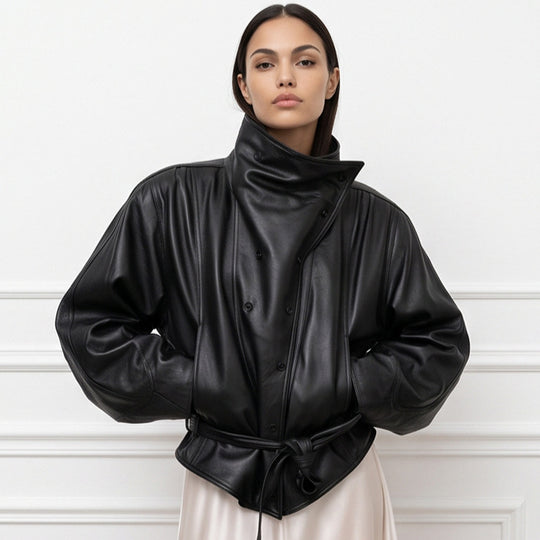 Damen Oversize-Kunstleder-Bomberjacke mit hohem Stehkragen und Taillengürtel Nord Taschen
