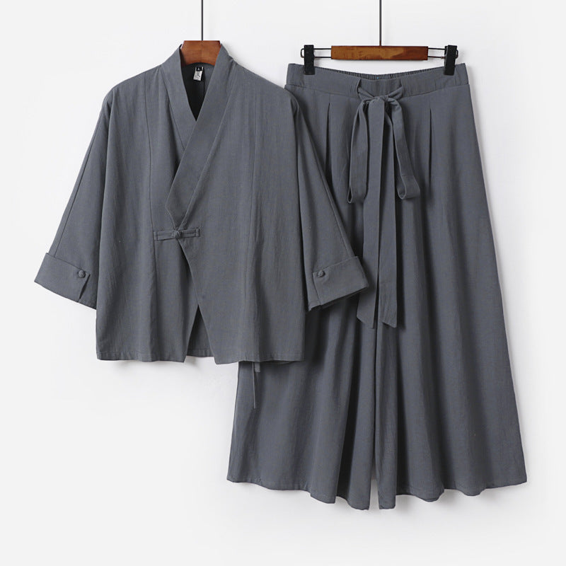 Damen Leichtes Kimono-Loungewear-Set mit V-Ausschnitt dreiviertelärmeln und weiten Palazzo-Hosen Nord Taschen