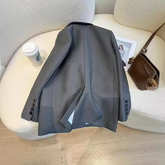 Damen Zweireihiger Oversize-Blazer mit schmalem Revers, Innenfutter & Pattentaschen Nord Taschen