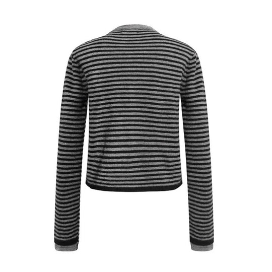 Damen Kurze Lagen-Strickjacke mit Rundhals und feinen Streifen Nord Taschen