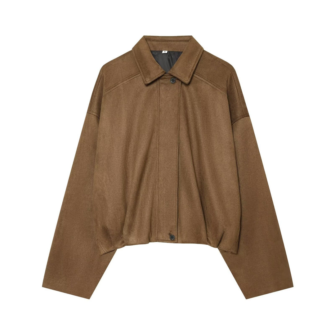 Damen Kurzgeschnittene Oversize Cape-Jacke mit Hemdkragen und verdeckter Knopfleiste Nord Taschen