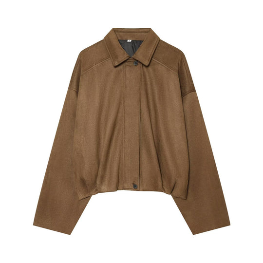 Damen Kurzgeschnittene Oversize Cape-Jacke mit Hemdkragen und verdeckter Knopfleiste Nord Taschen