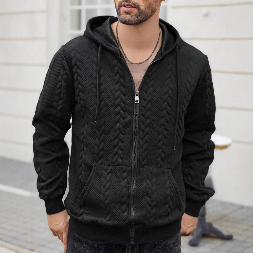 Herren strukturierte Kapuzen-Sweatjacke mit Zopfmuster, durchgehendem Reißverschluss und Kängurutasche Nord Taschen