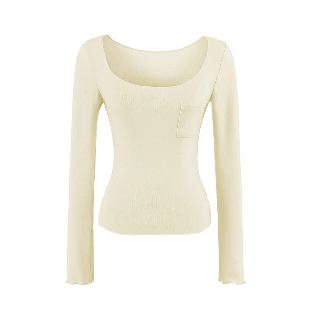 Damen Figurbetontes geripptes Langarmshirt mit weitem Quadrat-Ausschnitt und Brusttasche Nord Taschen