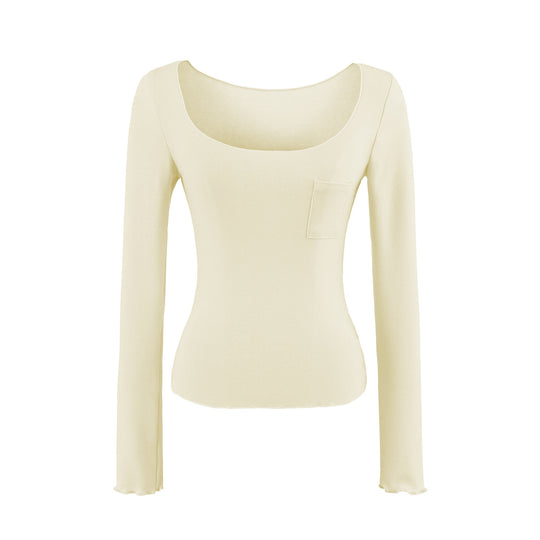 Damen Figurbetontes geripptes Langarmshirt mit weitem Quadrat-Ausschnitt und Brusttasche Nord Taschen
