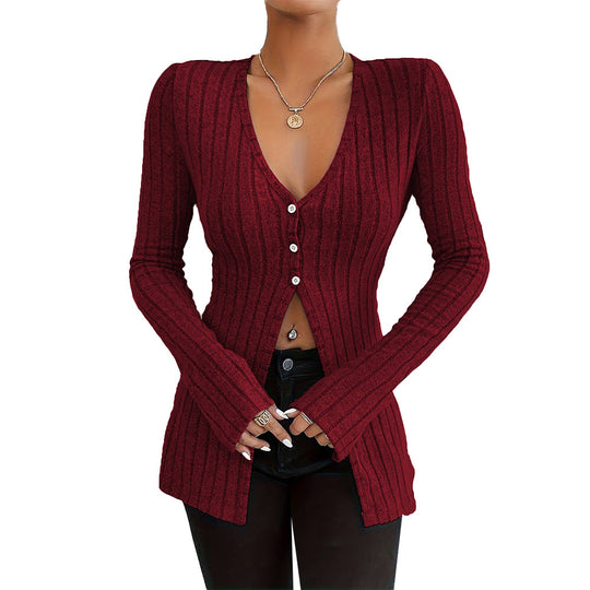 Damen gerippter V-Ausschnitt-Cardigan mit Knopfleiste taillierter Longline-Silhouette Nord Taschen
