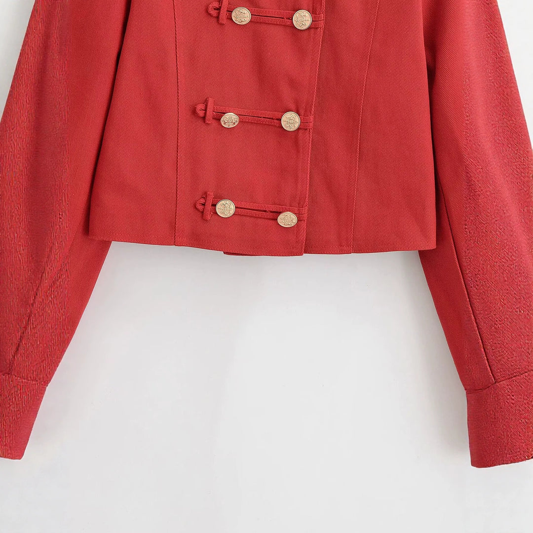 Damen Militärinspirierte Kurzjacke mit Stehkragen, Zierriegeln und goldenen Zierknöpfen Nord Taschen