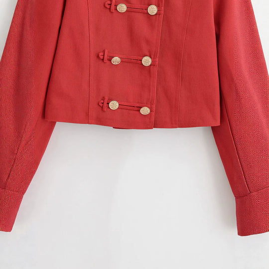 Damen Militärinspirierte Kurzjacke mit Stehkragen, Zierriegeln und goldenen Zierknöpfen Nord Taschen