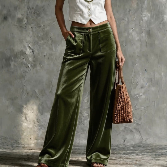 Damen Weite Samt-Palazzohose mit hoher Taille und aufgesetzten Taschen Nord Taschen