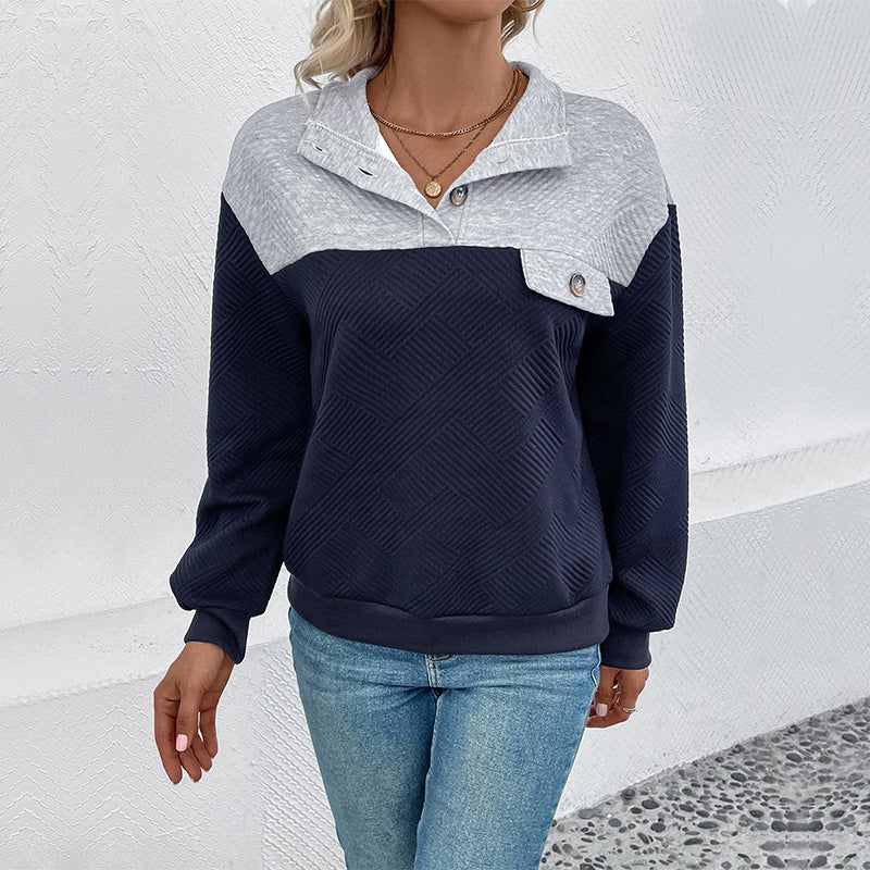 Damen Texturierter Colorblock-Sweatshirtpullover mit Hemdkragen, Knopfdetail und Strukturstrick Nord Taschen
