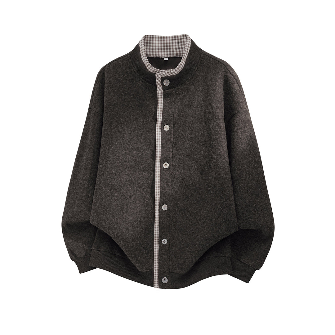 Unisex Oversize Wollmix-Cardigan-Jacke mit Karo-Einfassung und Stehkragen Nord Taschen