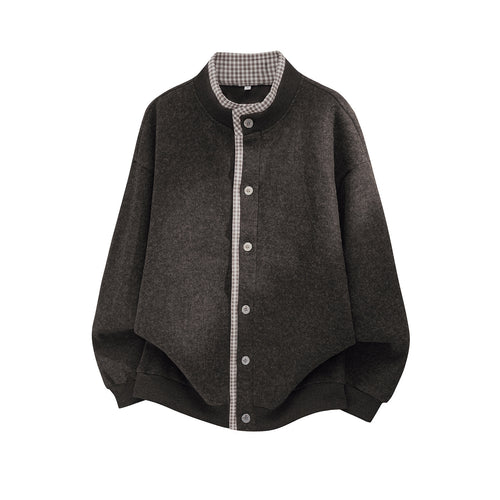 Unisex Oversize Wollmix-Cardigan-Jacke mit Karo-Einfassung und Stehkragen Nord Taschen