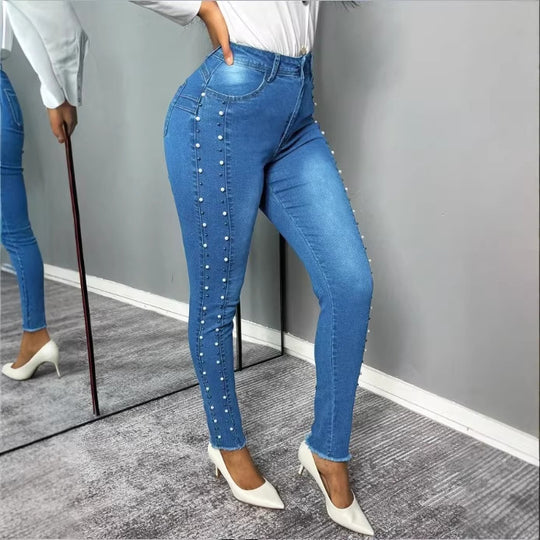 Damen Figurformende hochtaillierte Skinny-Jeans mit seitlicher Perlenzier Nord Taschen