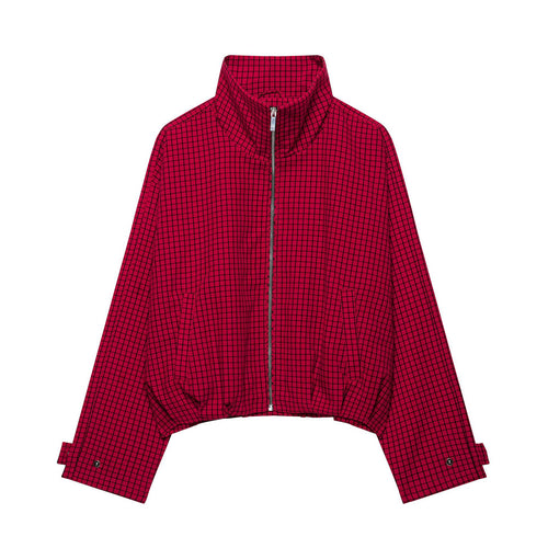 Damen Cropped Übergangsjacke mit hohem Stehkragen, Karomuster und elastischem Saum Nord Taschen