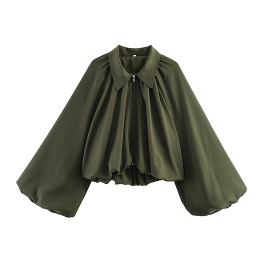 Damen Kurzjacke mit übergroßen Ballonärmeln und Reißverschluss Nord Taschen