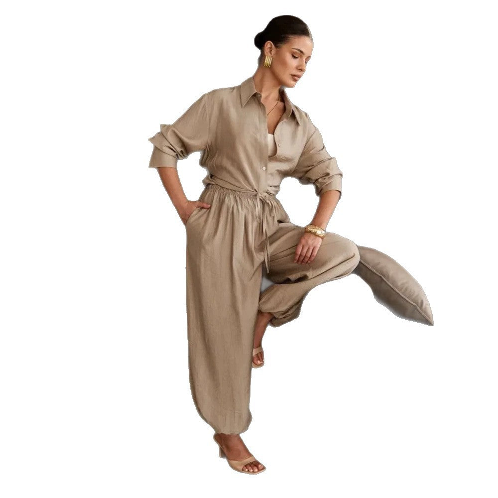 Damen Lässig-elegantes Hemd- und Hosen-Set mit Tunnelzug, Gummibund und weitem Bein Nord Taschen