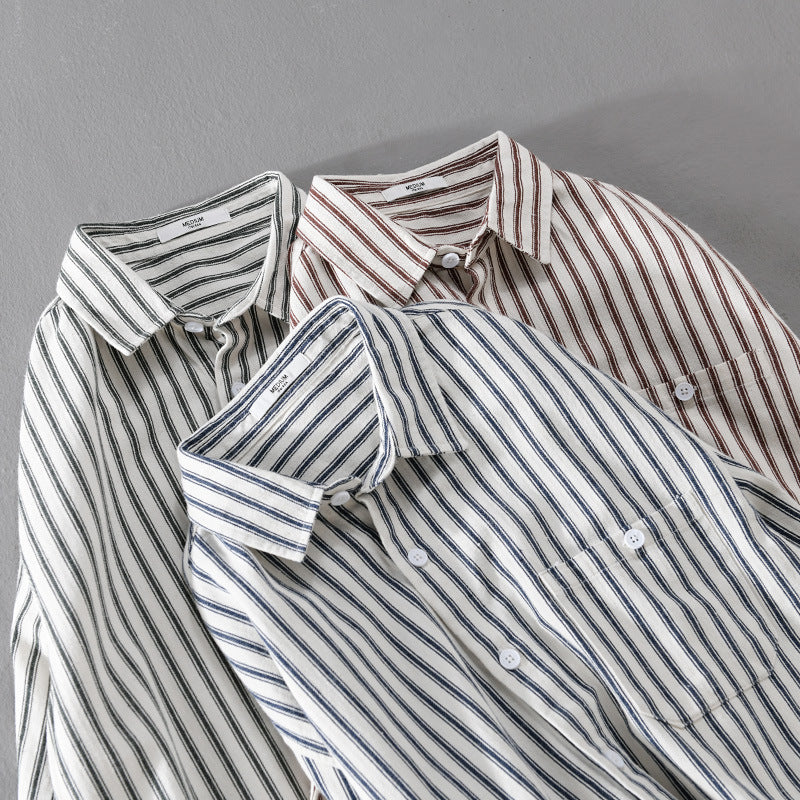 Herren Leichtes gestreiftes Layering-Overshirt aus Leinen-Baumwollmix mit Brusttasche und abgerundetem Saum Nord Taschen