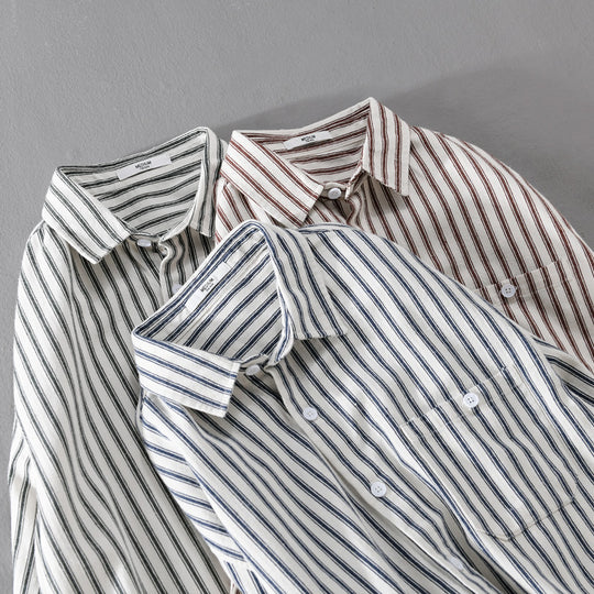 Herren Leichtes gestreiftes Layering-Overshirt aus Leinen-Baumwollmix mit Brusttasche und abgerundetem Saum Nord Taschen