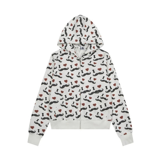 Damen Kurze Kapuzen‑Sweatjacke im Grafik-Print mit Rippbündchen und Kängurutaschen Nord Taschen