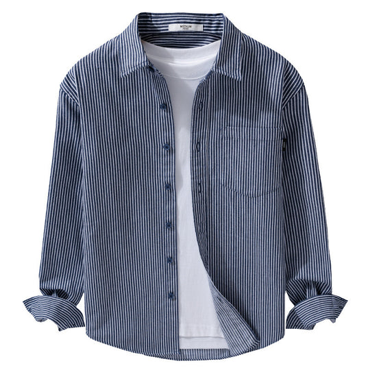 Herren Leichtes Nadelstreifen-Hemd im Layering-Overshirt-Stil mit Kentkragen und aufgesetzter Brusttasche Nord Taschen