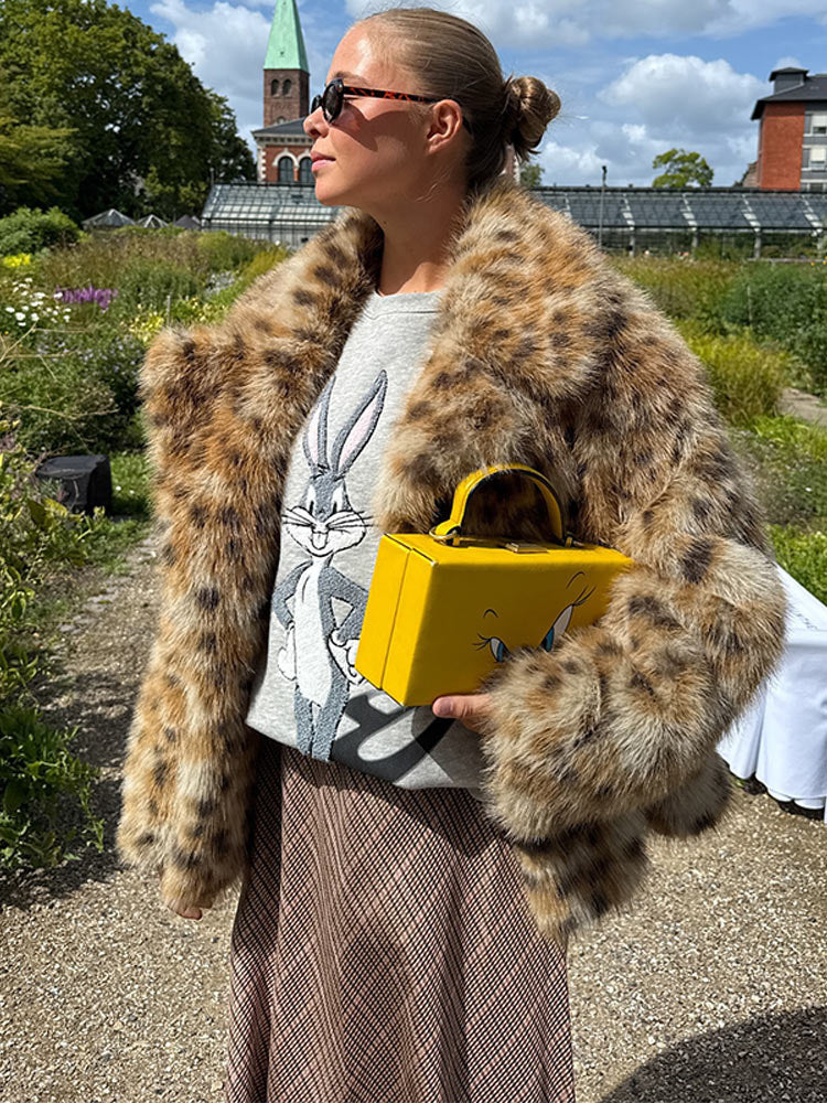 Damen Gefleckte Kurz-Kunstpelzjacke mit Boxy-Silhouette und voluminösem Flor Nord Taschen