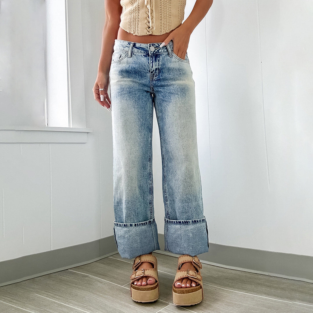 Damen Weite High-Waist Jeans mit breitem Umschlag Nord Taschen