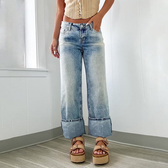 Damen Weite High-Waist Jeans mit breitem Umschlag Nord Taschen